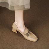 Isela Nude Square Toe Loafer Heels with Gold Chain Newgew